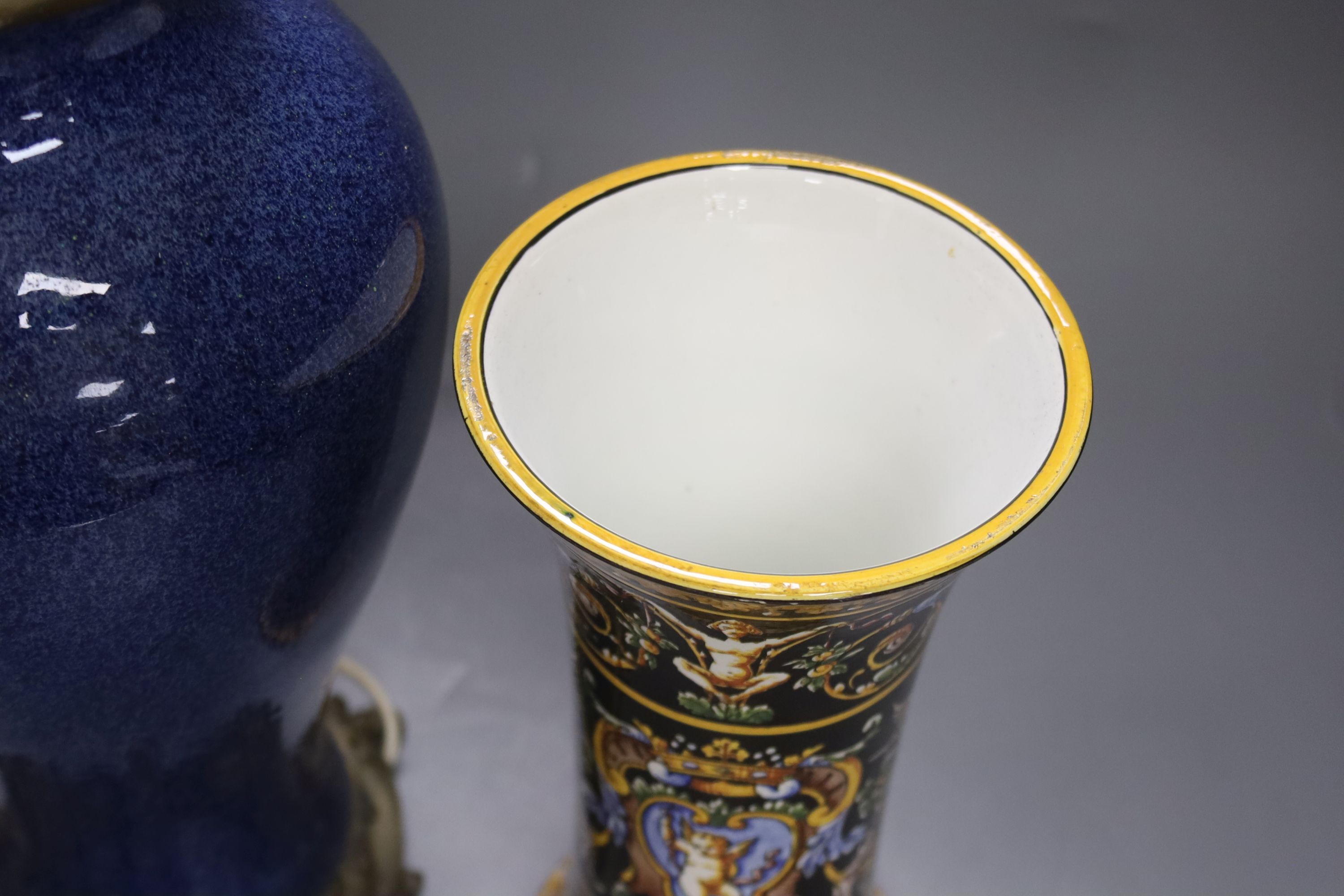 A French powder blue vase with ormolu lamp mounts, height 36cm, and a Gien vase